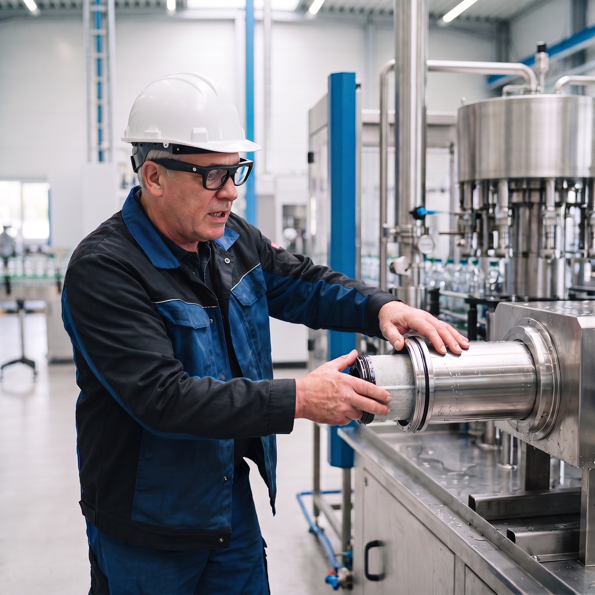 Senior technician wearing smart glasses removes a filter cartridge and explains each step out loud.