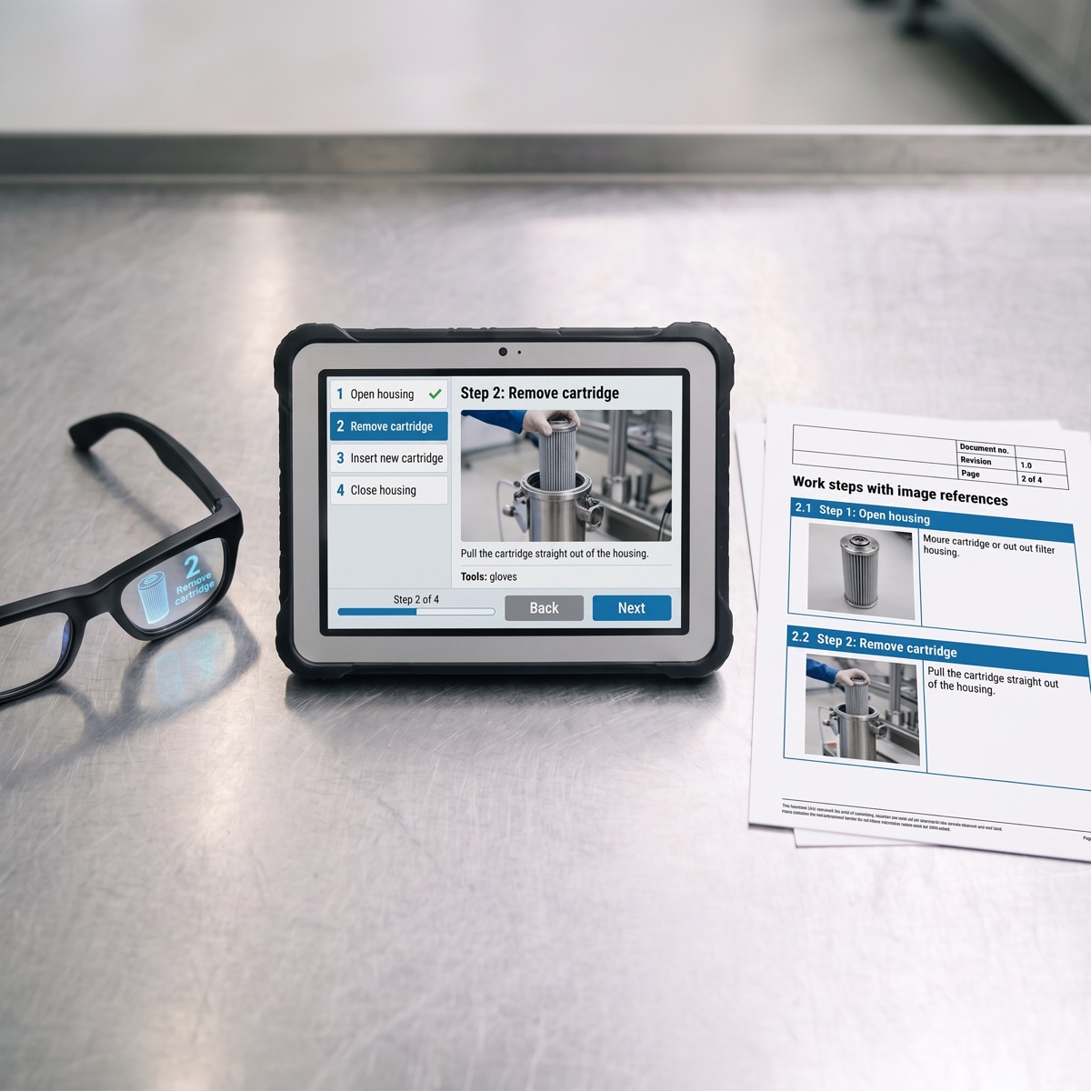 The same SOP as an interactive tablet workflow, as printed work instructions and projected in smart glasses.