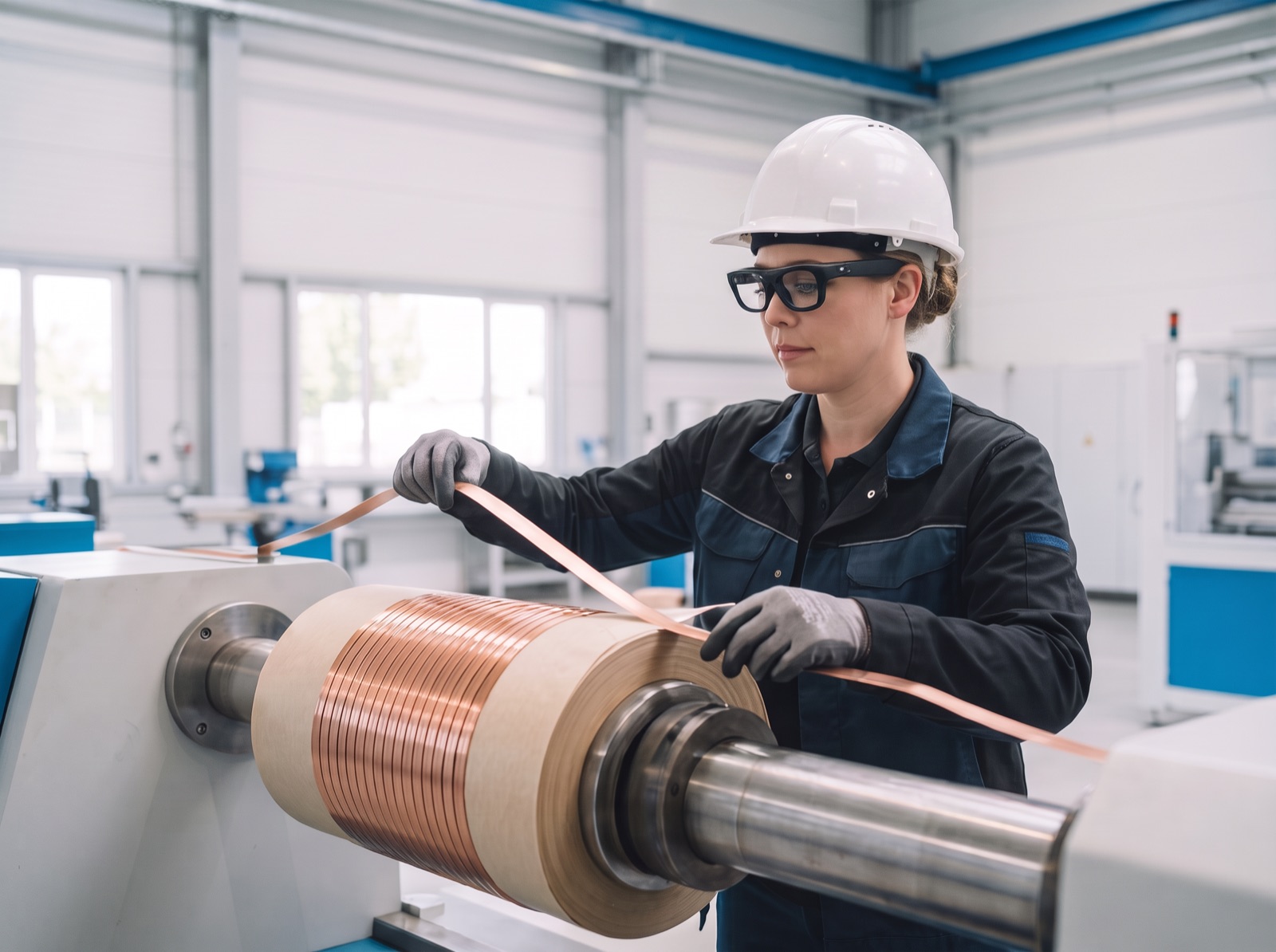 Technician wearing smart glasses winds a copper transformer coil, guided step by step.