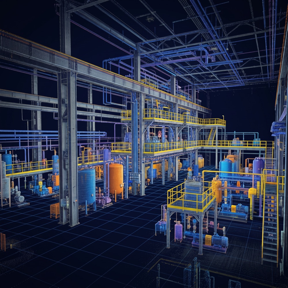 Digital twin of a production hall as a colored 3D point cloud.