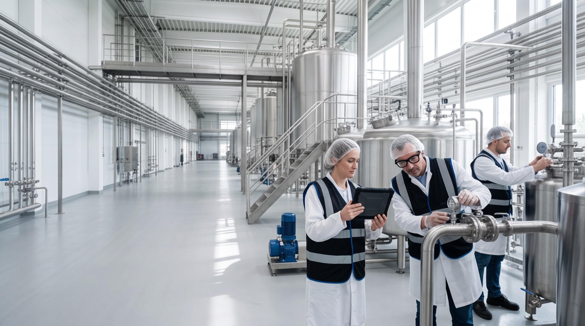 Team checking valves and tanks in a bright beverage processing hall.