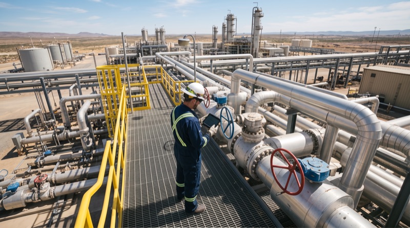 Technician with a tablet checking valves on the pipes of an oil and gas facility.