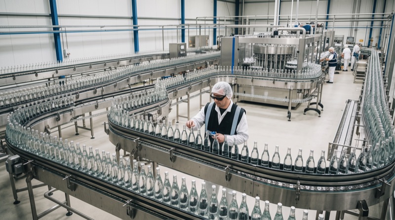 Operator with a hairnet checking bottles on a beverage bottling line.