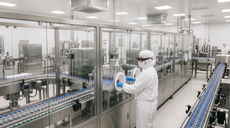 Cleanroom operator working through glove ports at a vial filling line.